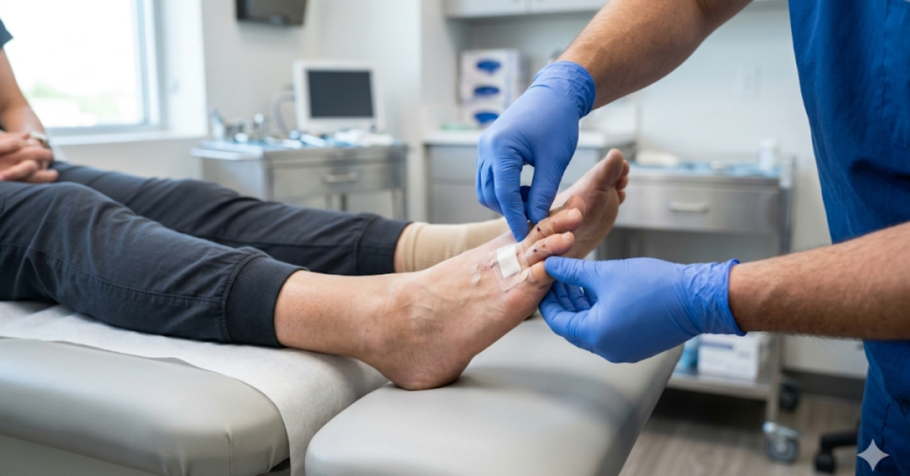 podiatrist examining toe after MIS hammertoe correction showing proper alignment and recovery progress