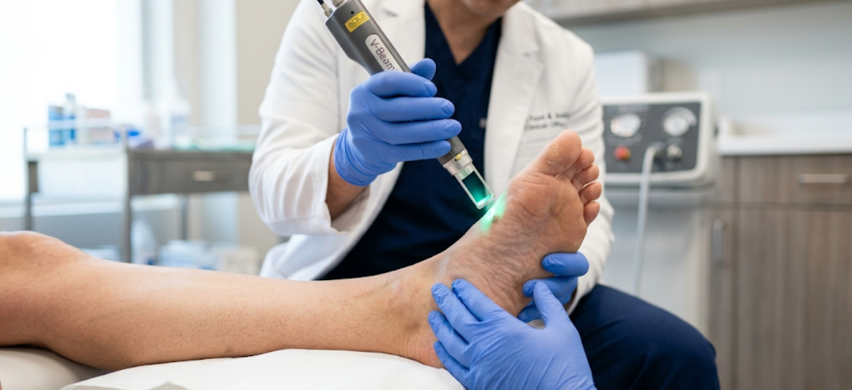 Podiatrist performing pulse dye laser plantar wart treatment on a patient's foot at Sole Foot and Ankle in Valparaiso, IN