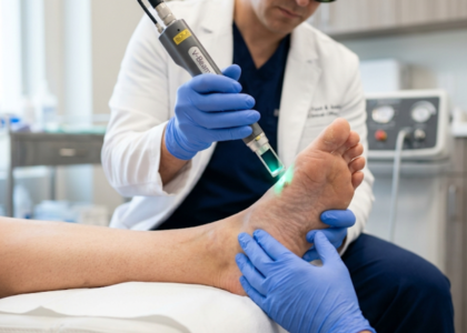 Podiatrist performing pulse dye laser plantar wart treatment on a patient's foot at Sole Foot and Ankle in Valparaiso, IN