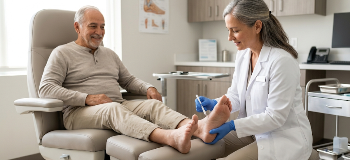 Podiatrist performing an annual diabetic foot exams on a patient at Sole Foot and Ankle in Valparaiso IN