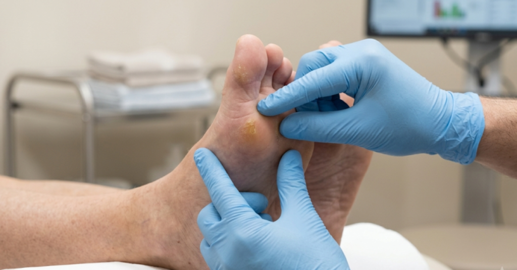 Close-up of a podiatrist inspecting a diabetic foot exams for early signs of pressure ulcers at Sole Foot and Ankle Valparaiso IN