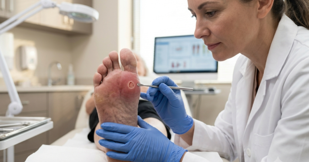Visual comparison of a healthy foot versus a diabetic foot wound showing early warning signs of infection