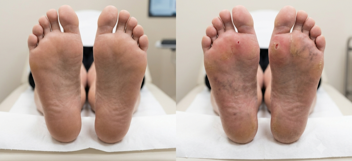 Visual comparison of a healthy foot versus a diabetic foot wound showing early warning signs of infection