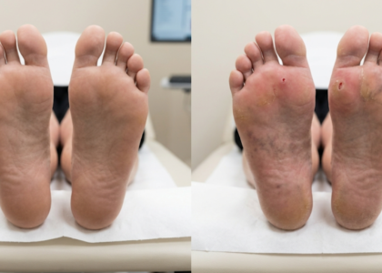 Visual comparison of a healthy foot versus a diabetic foot wound showing early warning signs of infection